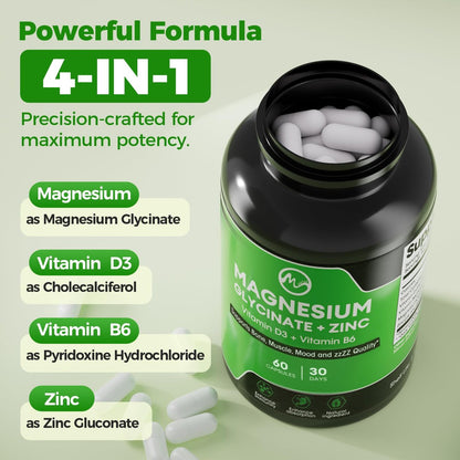 (2er-Pack) Magnesiumglycinat Kapseln, Magnesium mit Zink, Vitamin D3 & B6 – Hoch bioverfügbar – Knochen, Herz, Gelenke, Immunsystem – 120 vegane Kapseln