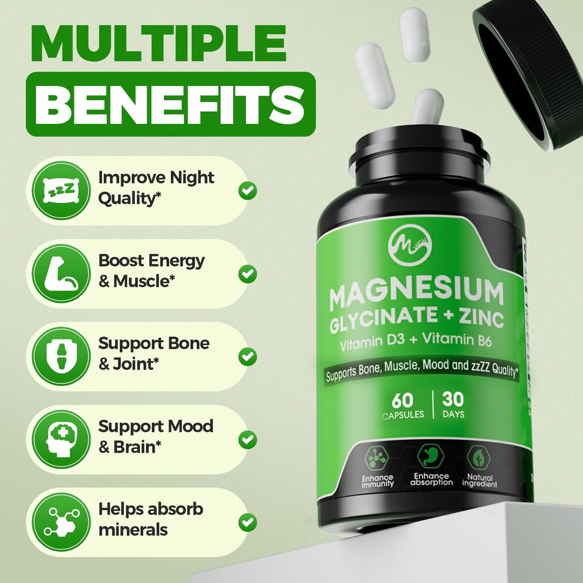 (2er-Pack) Magnesiumglycinat Kapseln, Magnesium mit Zink, Vitamin D3 & B6 – Hoch bioverfügbar – Knochen, Herz, Gelenke, Immunsystem – 120 vegane Kapseln