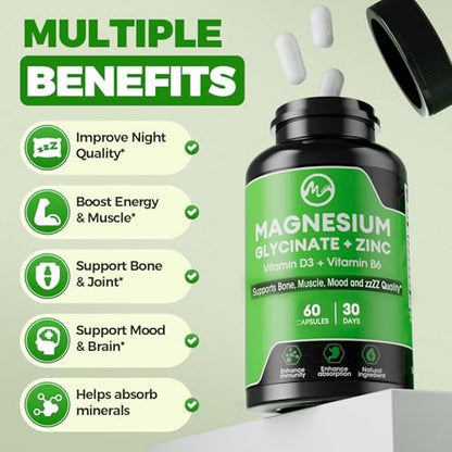 (2er-Pack) Magnesiumglycinat Kapseln, Magnesium mit Zink, Vitamin D3 & B6 – Hoch bioverfügbar – Knochen, Herz, Gelenke, Immunsystem – 120 vegane Kapseln