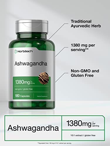 Horbäach Ashwagandha-Wurzel-Präparat | 180 Kapseln | für Frauen und Männer | Kräuterextrakt | Nicht-GVO, Glutenfrei