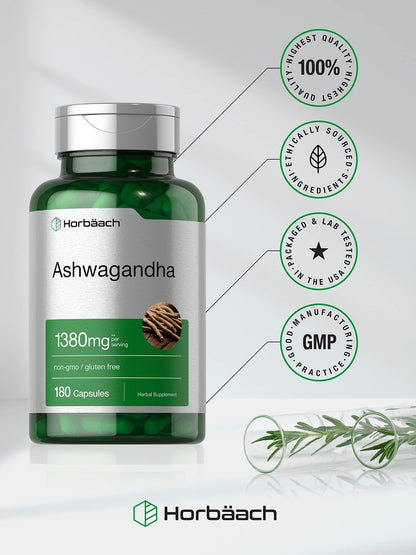 Horbäach Ashwagandha-Wurzel-Präparat | 180 Kapseln | für Frauen und Männer | Kräuterextrakt | Nicht-GVO, Glutenfrei