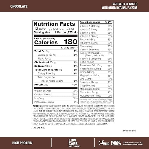 SlimFast Protein Shake Schokolade – 20g Protein, Mahlzeitenersatzshake, trinkfertig, High Protein, Low Carb, Low Sugar, 24 Vitamine & Mineralstoffe, 12er Pack (11 Fl Oz)
