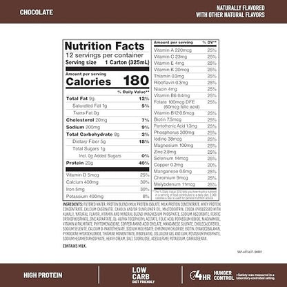 SlimFast Protein Shake Schokolade – 20g Protein, Mahlzeitenersatzshake, trinkfertig, High Protein, Low Carb, Low Sugar, 24 Vitamine & Mineralstoffe, 12er Pack (11 Fl Oz)