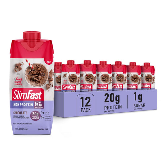 SlimFast Protein Shake Schokolade – 20g Protein, Mahlzeitenersatzshake, trinkfertig, High Protein, Low Carb, Low Sugar, 24 Vitamine & Mineralstoffe, 12er Pack (11 Fl Oz)