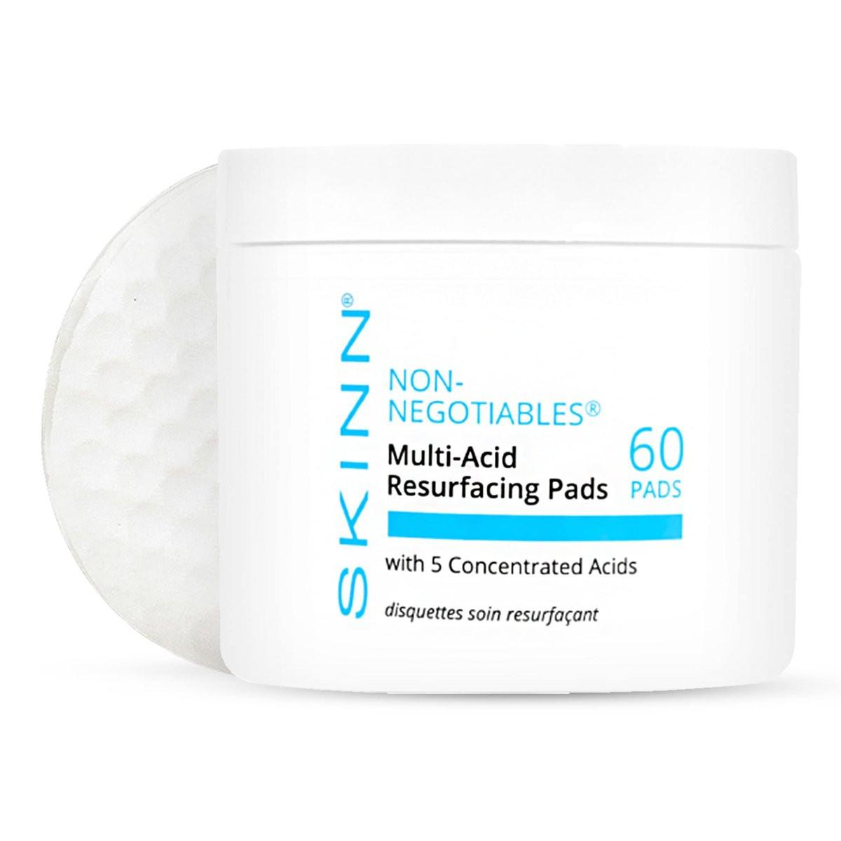 SKINN Multi-Acid Resurfacing Pads 60 Stück – Glykolsäure, Milchsäure & Salicylsäure – Chemisches Peeling für Gesicht, Hals & Dekolleté – Exfoliert, hellt auf & strafft – gegen feine Linien & Falten