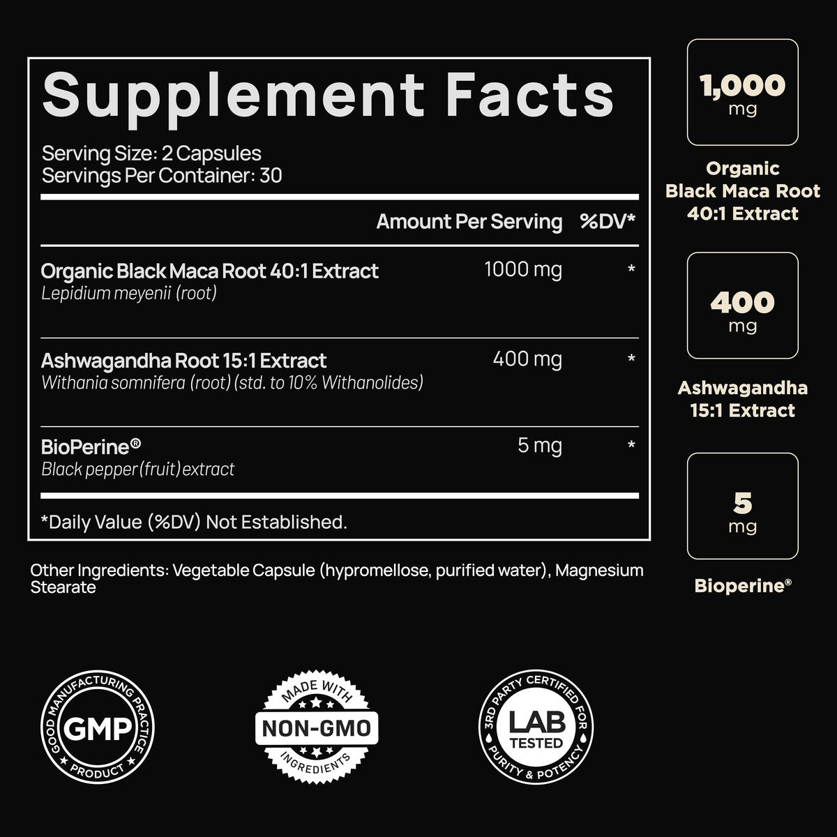 40-fache Stärke Bio Schwarze Maca-Wurzel mit Ashwagandha – Höchste Potenz Schwarze Maca Kapseln für Männer 40:1 Extrakt – 100% reine peruanische Maca Gelatinisierte Maca-Wurzel Pulver Pillen
