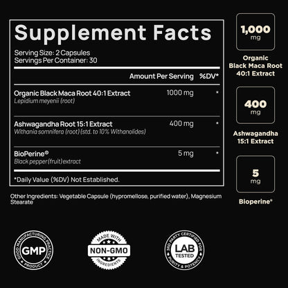 40-fache Stärke Bio Schwarze Maca-Wurzel mit Ashwagandha – Höchste Potenz Schwarze Maca Kapseln für Männer 40:1 Extrakt – 100% reine peruanische Maca Gelatinisierte Maca-Wurzel Pulver Pillen