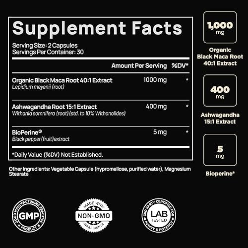 40-fache Stärke Bio Schwarze Maca-Wurzel mit Ashwagandha – Höchste Potenz Schwarze Maca Kapseln für Männer 40:1 Extrakt – 100% reine peruanische Maca Gelatinisierte Maca-Wurzel Pulver Pillen