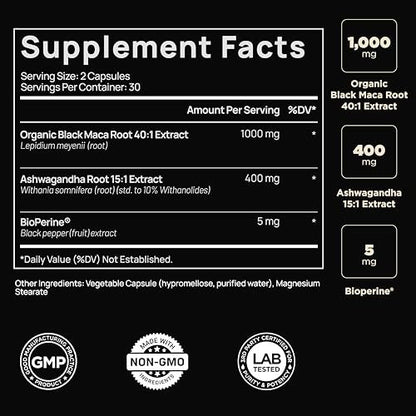 40-fache Stärke Bio Schwarze Maca-Wurzel mit Ashwagandha – Höchste Potenz Schwarze Maca Kapseln für Männer 40:1 Extrakt – 100% reine peruanische Maca Gelatinisierte Maca-Wurzel Pulver Pillen
