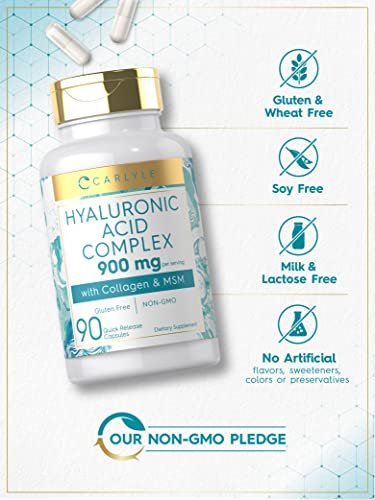 Carlyle Hyaluronsäure Komplex 900 mg | mit Kollagen und MSM | 90 Kapseln | Non-GMO, glutenfrei