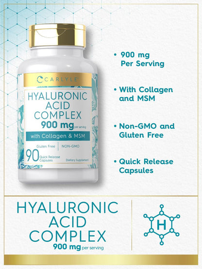 Carlyle Hyaluronsäure Komplex 900 mg | mit Kollagen und MSM | 90 Kapseln | Non-GMO, glutenfrei