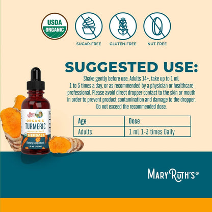 MARYRUTH'S Organics Bio Kurkuma Flüssigextrakt | Zuckerfrei | USDA Bio | Kurkuma Supplement | Nicht-GVO | Glutenfrei | Vegan | Alkoholfreie Tinktur | 30 ml