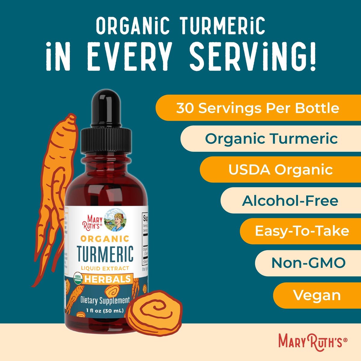 MARYRUTH'S Organics Bio Kurkuma Flüssigextrakt | Zuckerfrei | USDA Bio | Kurkuma Supplement | Nicht-GVO | Glutenfrei | Vegan | Alkoholfreie Tinktur | 30 ml