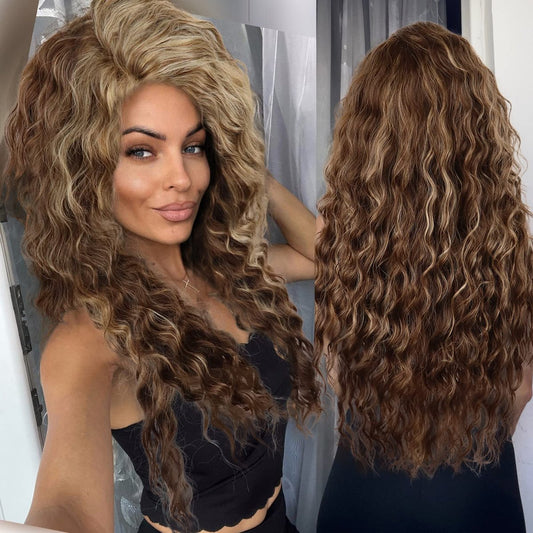 GNIMEGIL Lange Wellenperücke für Damen – Braun mit Blondem Ombre – Lockige Flauschige Perücke mit Lockerem Scheitel – Natürlich Aussehendes Haar für den Alltag, Partys, Halloween – Synthetische Perücke