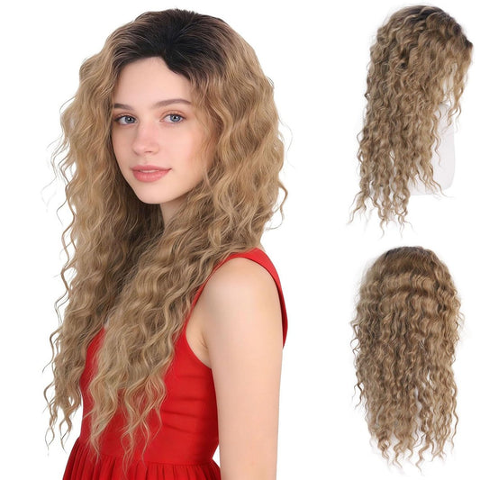 GNIMEGIL 26 Zoll Lange Lockige Perücke für Frauen, Ombre Braun mit Schwarzen Wurzeln, Wellige Locken, Geschichtete Flauschige Tägliche 80er Jahre Kostüm Perücke, Cosplay, Halloween, Party, Synthetisch