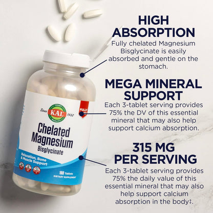 KAL Chelated Magnesium Bisglycinate – Hochdosiertes Magnesiumpräparat für Entspannung, Knochengesundheit, Nerven- und Muskelfunktion – Vegan, Glutenfrei, 180 Tabletten (60 Portionen)