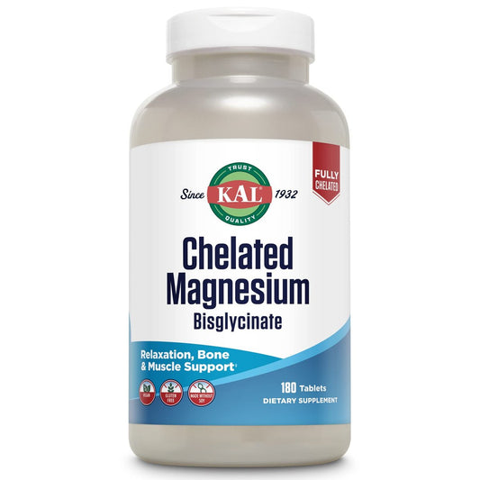 KAL Chelated Magnesium Bisglycinate – Hochdosiertes Magnesiumpräparat für Entspannung, Knochengesundheit, Nerven- und Muskelfunktion – Vegan, Glutenfrei, 180 Tabletten (60 Portionen)