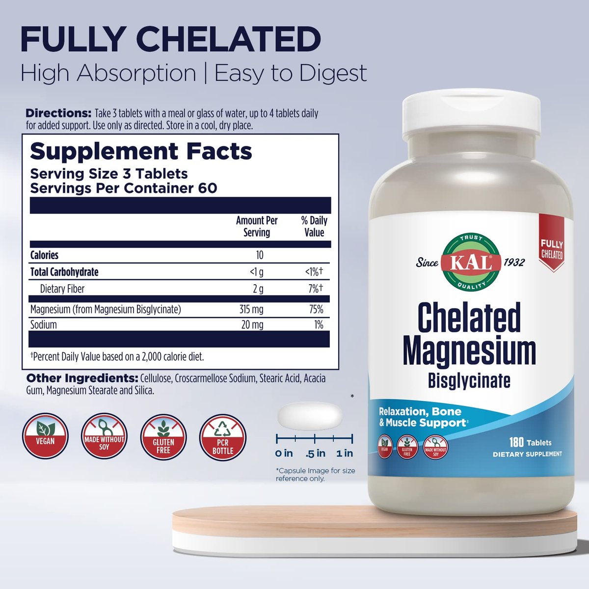KAL Chelated Magnesium Bisglycinate – Hochdosiertes Magnesiumpräparat für Entspannung, Knochengesundheit, Nerven- und Muskelfunktion – Vegan, Glutenfrei, 180 Tabletten (60 Portionen)