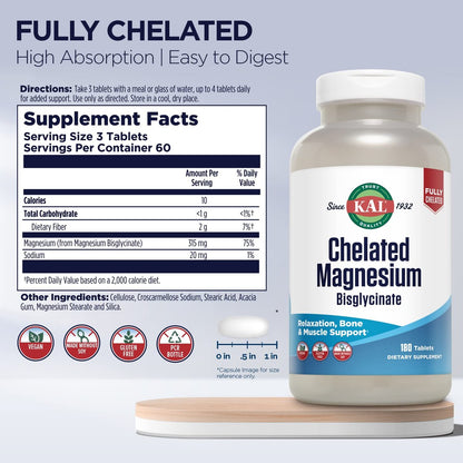KAL Chelated Magnesium Bisglycinate – Hochdosiertes Magnesiumpräparat für Entspannung, Knochengesundheit, Nerven- und Muskelfunktion – Vegan, Glutenfrei, 180 Tabletten (60 Portionen)