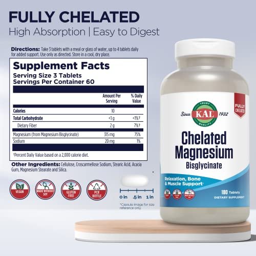KAL Chelated Magnesium Bisglycinate – Hochdosiertes Magnesiumpräparat für Entspannung, Knochengesundheit, Nerven- und Muskelfunktion – Vegan, Glutenfrei, 180 Tabletten (60 Portionen)