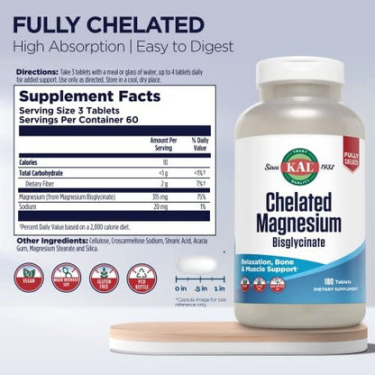KAL Chelated Magnesium Bisglycinate – Hochdosiertes Magnesiumpräparat für Entspannung, Knochengesundheit, Nerven- und Muskelfunktion – Vegan, Glutenfrei, 180 Tabletten (60 Portionen)