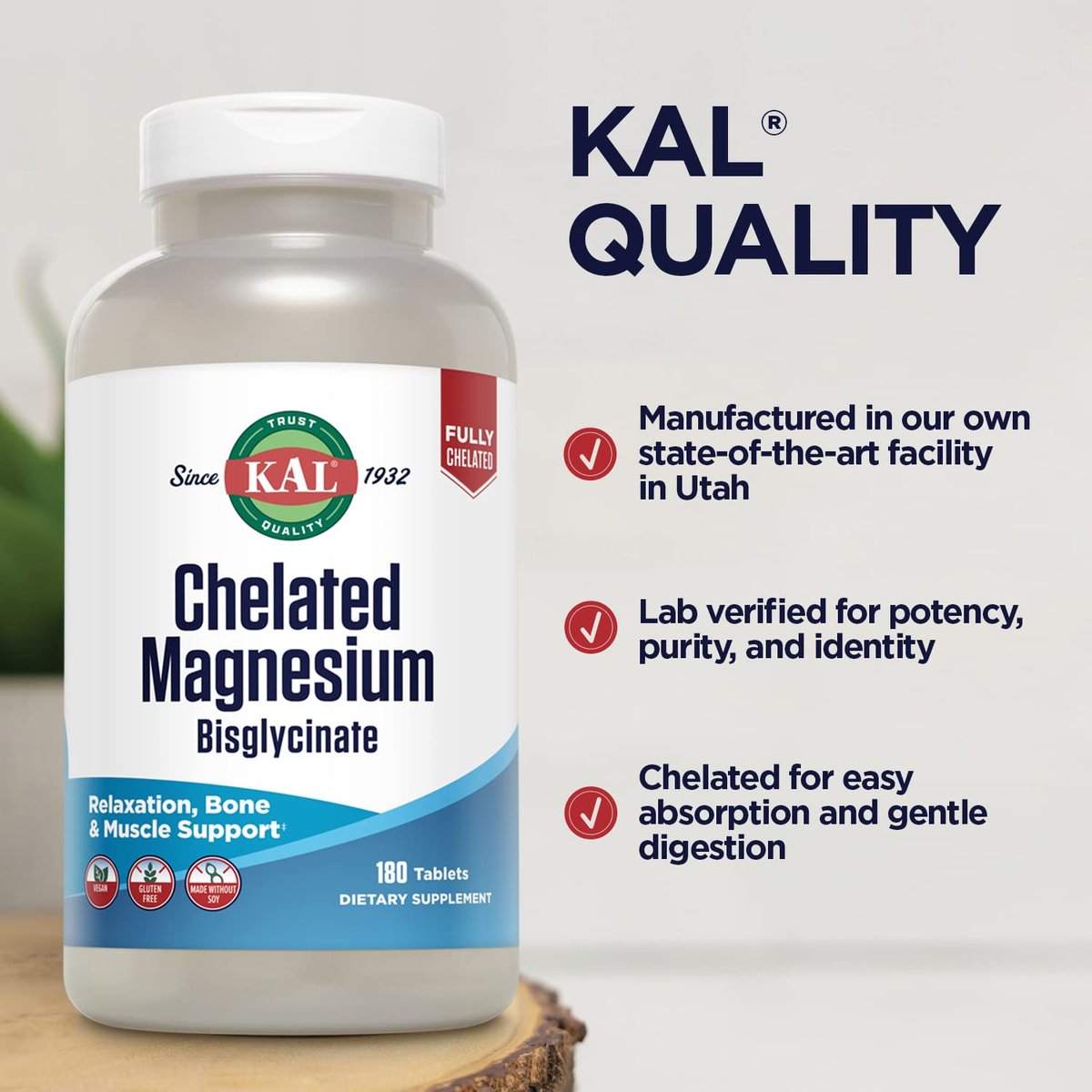 KAL Chelated Magnesium Bisglycinate – Hochdosiertes Magnesiumpräparat für Entspannung, Knochengesundheit, Nerven- und Muskelfunktion – Vegan, Glutenfrei, 180 Tabletten (60 Portionen)
