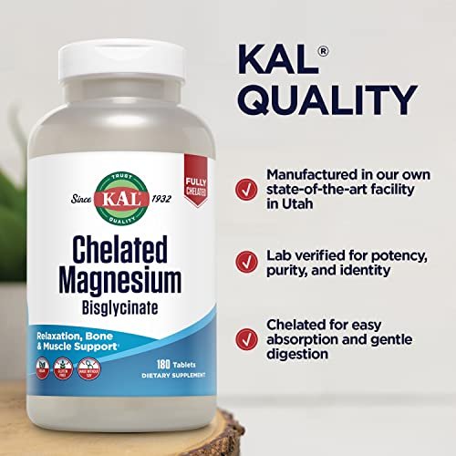 KAL Chelated Magnesium Bisglycinate – Hochdosiertes Magnesiumpräparat für Entspannung, Knochengesundheit, Nerven- und Muskelfunktion – Vegan, Glutenfrei, 180 Tabletten (60 Portionen)