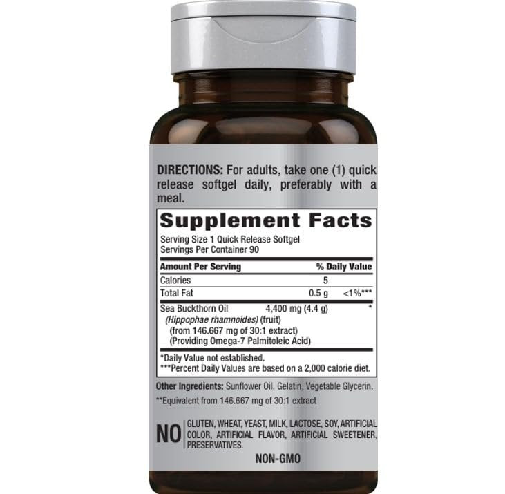 Piping Rock Sanddornöl Kapseln | 90 Softgels | Sanddornbeeren-Extrakt | mit Omega-7 | Glutenfrei, Nicht-GVO