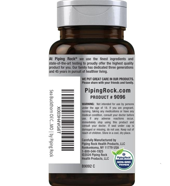 Piping Rock Sanddornöl Kapseln | 90 Softgels | Sanddornbeeren-Extrakt | mit Omega-7 | Glutenfrei, Nicht-GVO