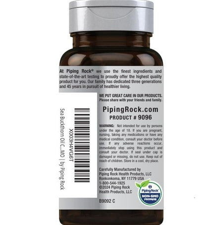 Piping Rock Sanddornöl Kapseln | 90 Softgels | Sanddornbeeren-Extrakt | mit Omega-7 | Glutenfrei, Nicht-GVO