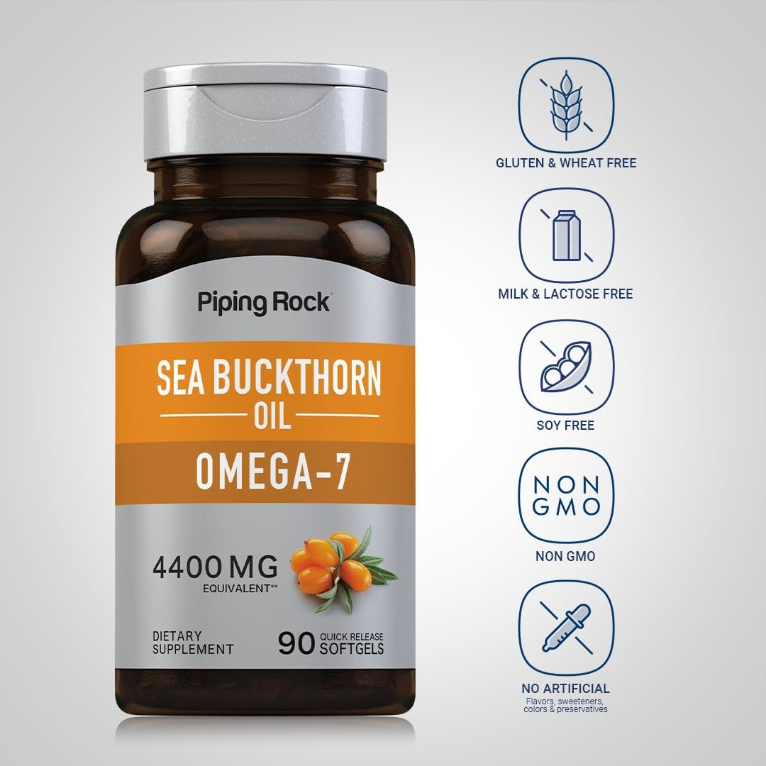 Piping Rock Sanddornöl Kapseln | 90 Softgels | Sanddornbeeren-Extrakt | mit Omega-7 | Glutenfrei, Nicht-GVO