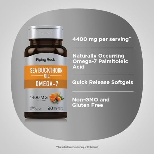 Piping Rock Sanddornöl Kapseln | 90 Softgels | Sanddornbeeren-Extrakt | mit Omega-7 | Glutenfrei, Nicht-GVO