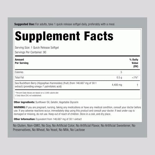 Piping Rock Sanddornöl Kapseln | 90 Softgels | Sanddornbeeren-Extrakt | mit Omega-7 | Glutenfrei, Nicht-GVO