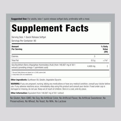 Piping Rock Sanddornöl Kapseln | 90 Softgels | Sanddornbeeren-Extrakt | mit Omega-7 | Glutenfrei, Nicht-GVO