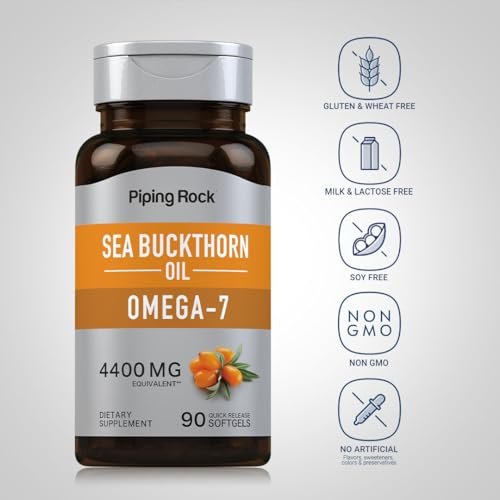 Piping Rock Sanddornöl Kapseln | 90 Softgels | Sanddornbeeren-Extrakt | mit Omega-7 | Glutenfrei, Nicht-GVO