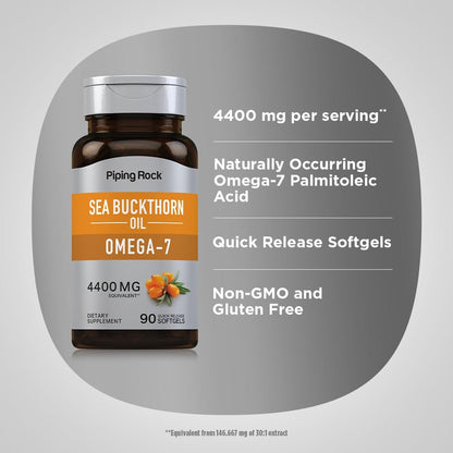 Piping Rock Sanddornöl Kapseln | 90 Softgels | Sanddornbeeren-Extrakt | mit Omega-7 | Glutenfrei, Nicht-GVO