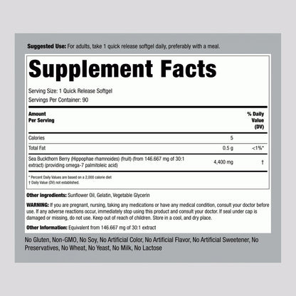 Piping Rock Sanddornöl Kapseln | 90 Softgels | Sanddornbeeren-Extrakt | mit Omega-7 | Glutenfrei, Nicht-GVO
