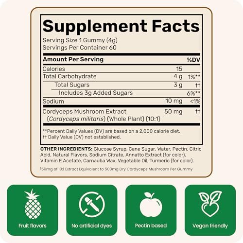 Fungies Cordyceps Pilz Gummibärchen, Mango & Ananas Geschmack - Pilz-Ergänzungsgummis für Erwachsene zur Unterstützung von Ausdauer, Energie und Leistung - Koffeinfreie Energie-Gummis - 60 Portionen