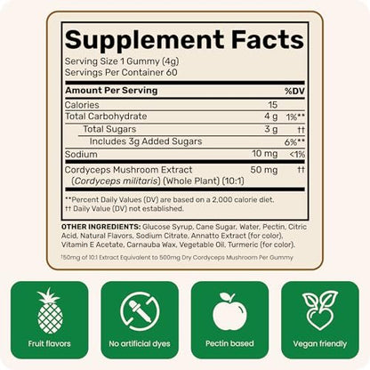 Fungies Cordyceps Pilz Gummibärchen, Mango & Ananas Geschmack - Pilz-Ergänzungsgummis für Erwachsene zur Unterstützung von Ausdauer, Energie und Leistung - Koffeinfreie Energie-Gummis - 60 Portionen
