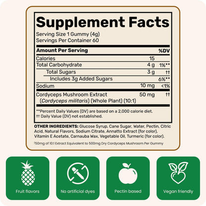 Fungies Cordyceps Pilz Gummibärchen, Mango & Ananas Geschmack - Pilz-Ergänzungsgummis für Erwachsene zur Unterstützung von Ausdauer, Energie und Leistung - Koffeinfreie Energie-Gummis - 60 Portionen
