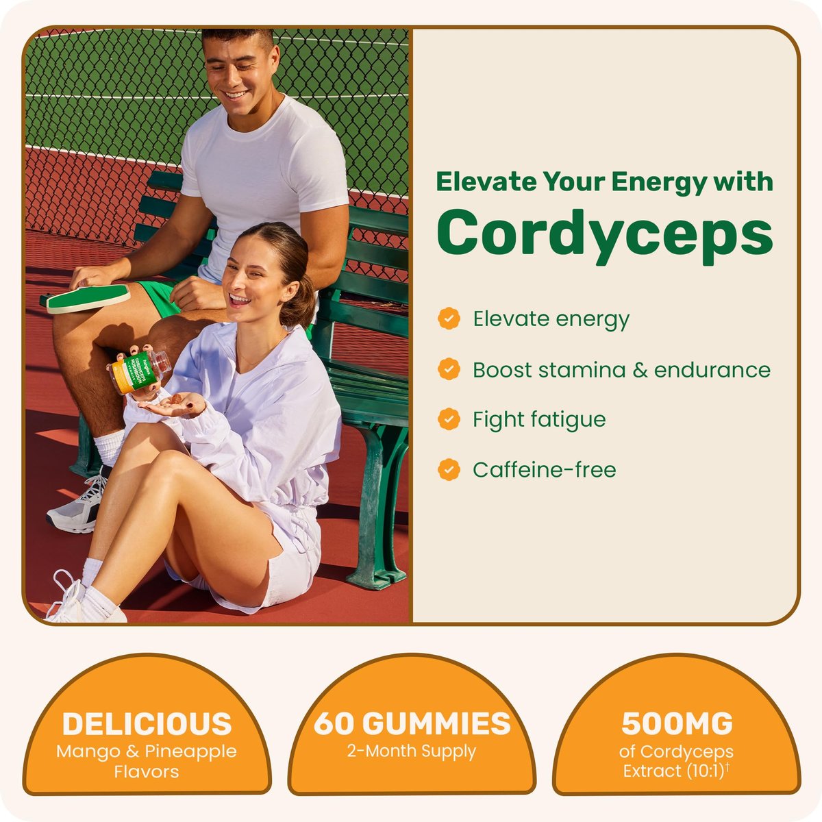 Fungies Cordyceps Pilz Gummibärchen, Mango & Ananas Geschmack - Pilz-Ergänzungsgummis für Erwachsene zur Unterstützung von Ausdauer, Energie und Leistung - Koffeinfreie Energie-Gummis - 60 Portionen