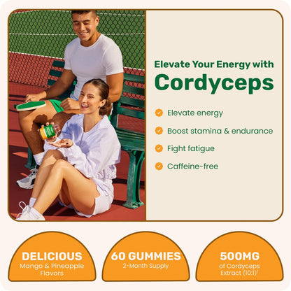 Fungies Cordyceps Pilz Gummibärchen, Mango & Ananas Geschmack - Pilz-Ergänzungsgummis für Erwachsene zur Unterstützung von Ausdauer, Energie und Leistung - Koffeinfreie Energie-Gummis - 60 Portionen