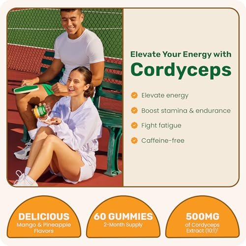 Fungies Cordyceps Pilz Gummibärchen, Mango & Ananas Geschmack - Pilz-Ergänzungsgummis für Erwachsene zur Unterstützung von Ausdauer, Energie und Leistung - Koffeinfreie Energie-Gummis - 60 Portionen