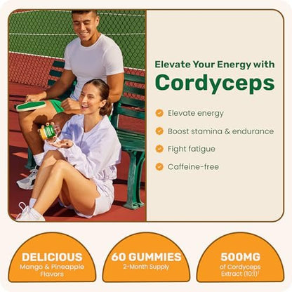 Fungies Cordyceps Pilz Gummibärchen, Mango & Ananas Geschmack - Pilz-Ergänzungsgummis für Erwachsene zur Unterstützung von Ausdauer, Energie und Leistung - Koffeinfreie Energie-Gummis - 60 Portionen