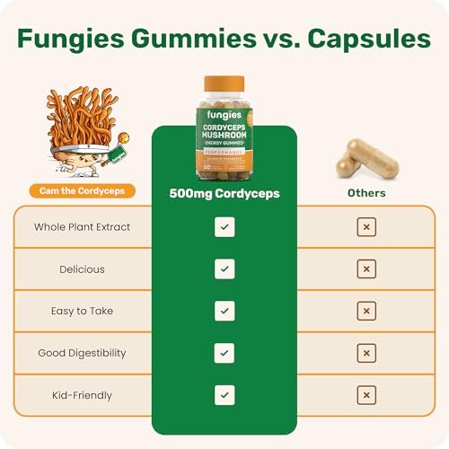 Fungies Cordyceps Pilz Gummibärchen, Mango & Ananas Geschmack - Pilz-Ergänzungsgummis für Erwachsene zur Unterstützung von Ausdauer, Energie und Leistung - Koffeinfreie Energie-Gummis - 60 Portionen