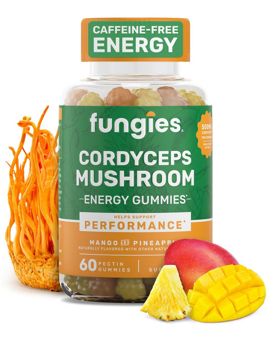 Fungies Cordyceps Pilz Gummibärchen, Mango & Ananas Geschmack - Pilz-Ergänzungsgummis für Erwachsene zur Unterstützung von Ausdauer, Energie und Leistung - Koffeinfreie Energie-Gummis - 60 Portionen