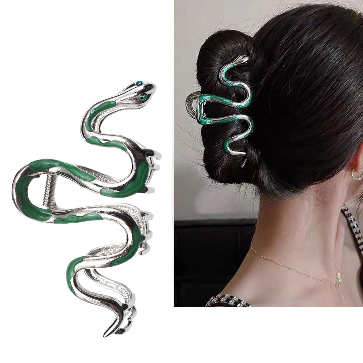Modische grüne Schlangen-Design Haarclips aus Metall, rutschfest, 4,3 Zoll große Haarspangen, Halloween Gothic für Frauen und Mädchen