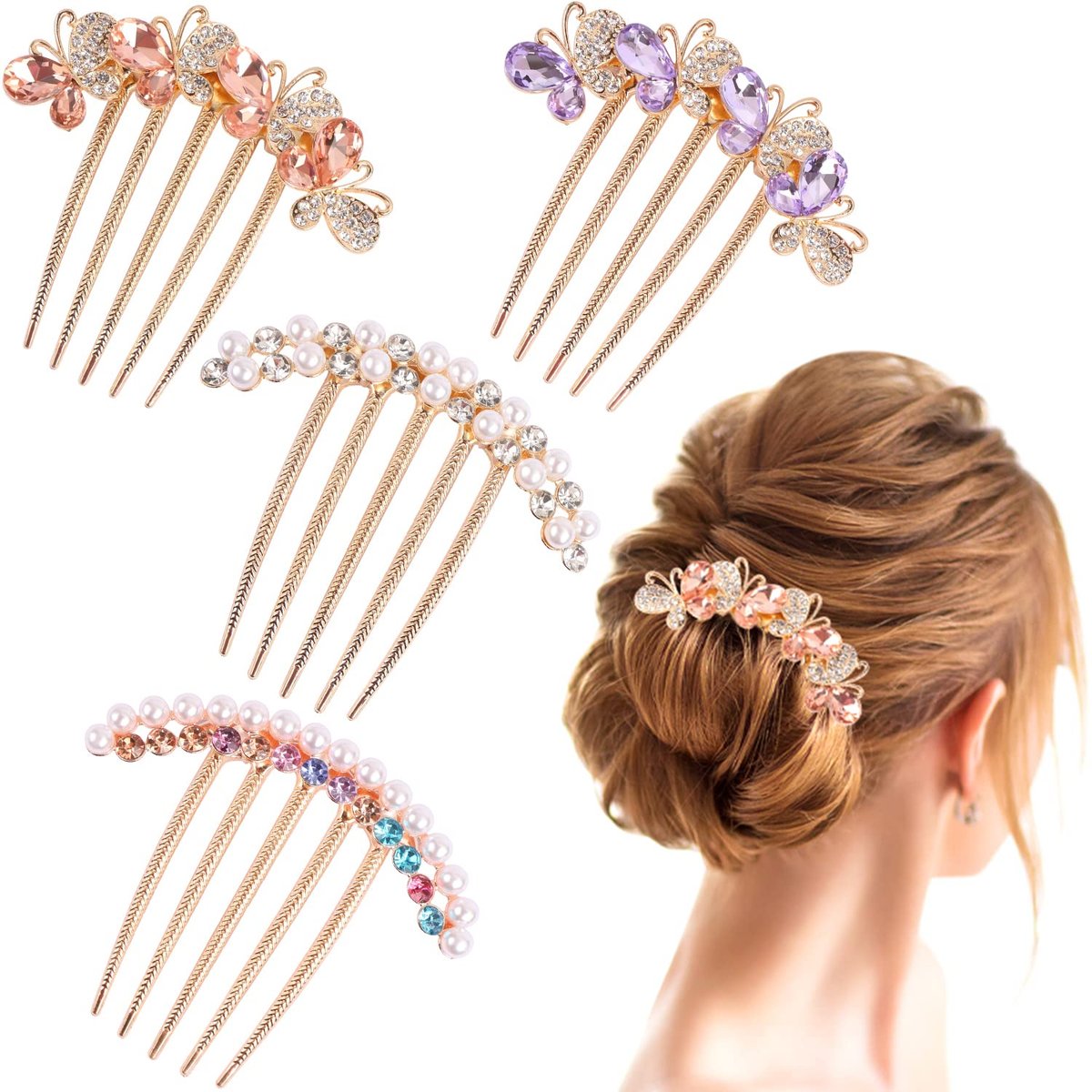 Perlen-Rhinestone-Haarschmuck - Kristall-Schmetterling-Haarklammern für Hochsteckfrisuren, dekorative French-Twist-Haarnadeln, Vintage-Styling-Kämme für Frauen und Mädchen - Haarstyling-Accessoires