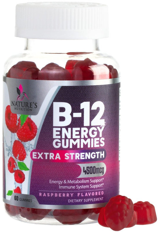 B12 Energie Gummis - 4500 mcg Vitamin B12 pro Portion - Extra starke kaubare B12-Ergänzung für Energie, Stoffwechsel & Immunsystem - Für Frauen, Männer & Kinder - Natürlich & Beerengeschmack - 60 Gummis