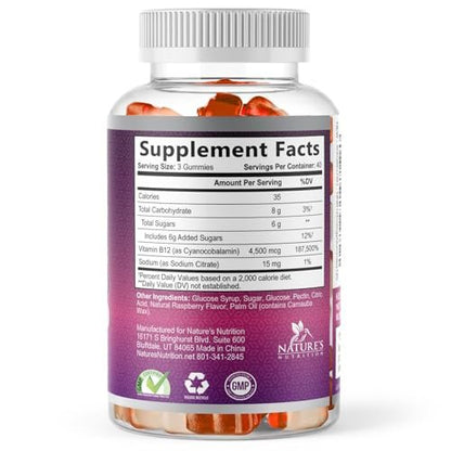 B12 Energie Gummis - 4500 mcg Vitamin B12 pro Portion - Extra starke kaubare B12-Ergänzung für Energie, Stoffwechsel & Immunsystem - Für Frauen, Männer & Kinder - Natürlich & Beerengeschmack - 60 Gummis